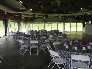 Damask tablecloths with purple accents in the pavilion