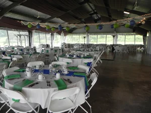 Green and blue paper lanterns in the pavilion